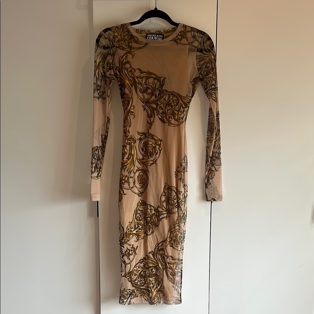 Versace Tan and Brown Long Sleeve Bodycon Dress